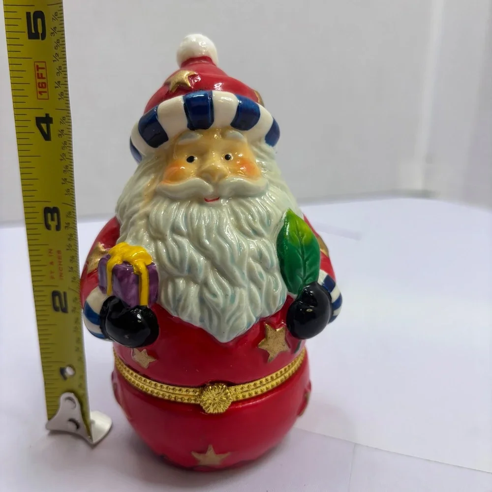 Vintage Santa Claus Hinged Trinket Box Ceramic Christmas Figurine Red Gold 4.5